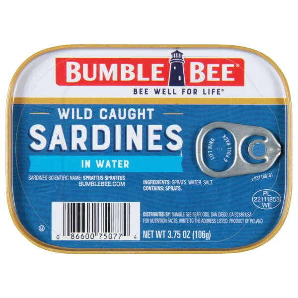 Bumble Bee Wild Caught Sardines in Water, Gluten Free, 12g Protein Per Serving, Clean Ingredients, Kosher, Shelf Stable Tin Can, 3.75oz